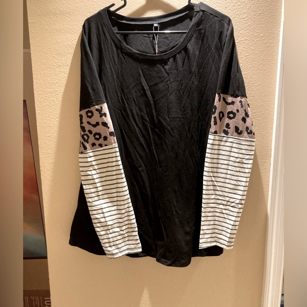 Black long sleeve top w/ leopard & stripe sleeves